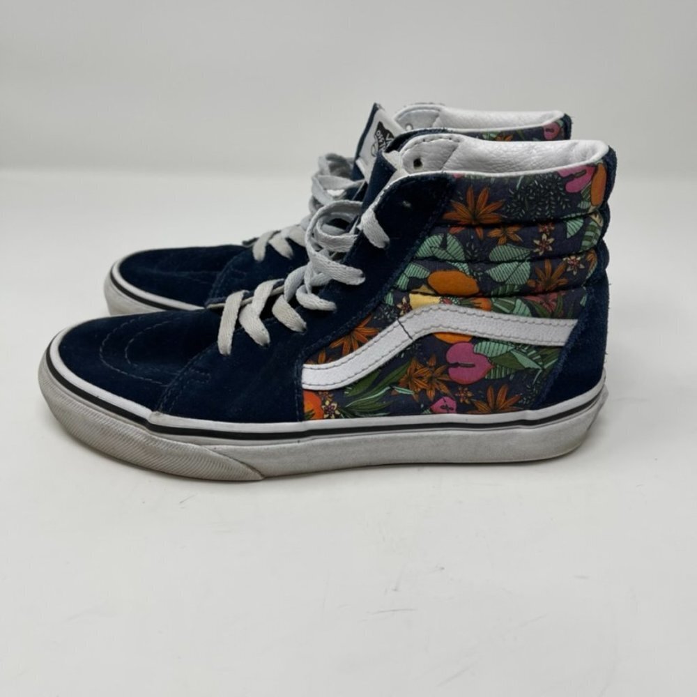 Vans Sk8-HI navy blue suede and floral print high tops KIDS skateboarding size 3
